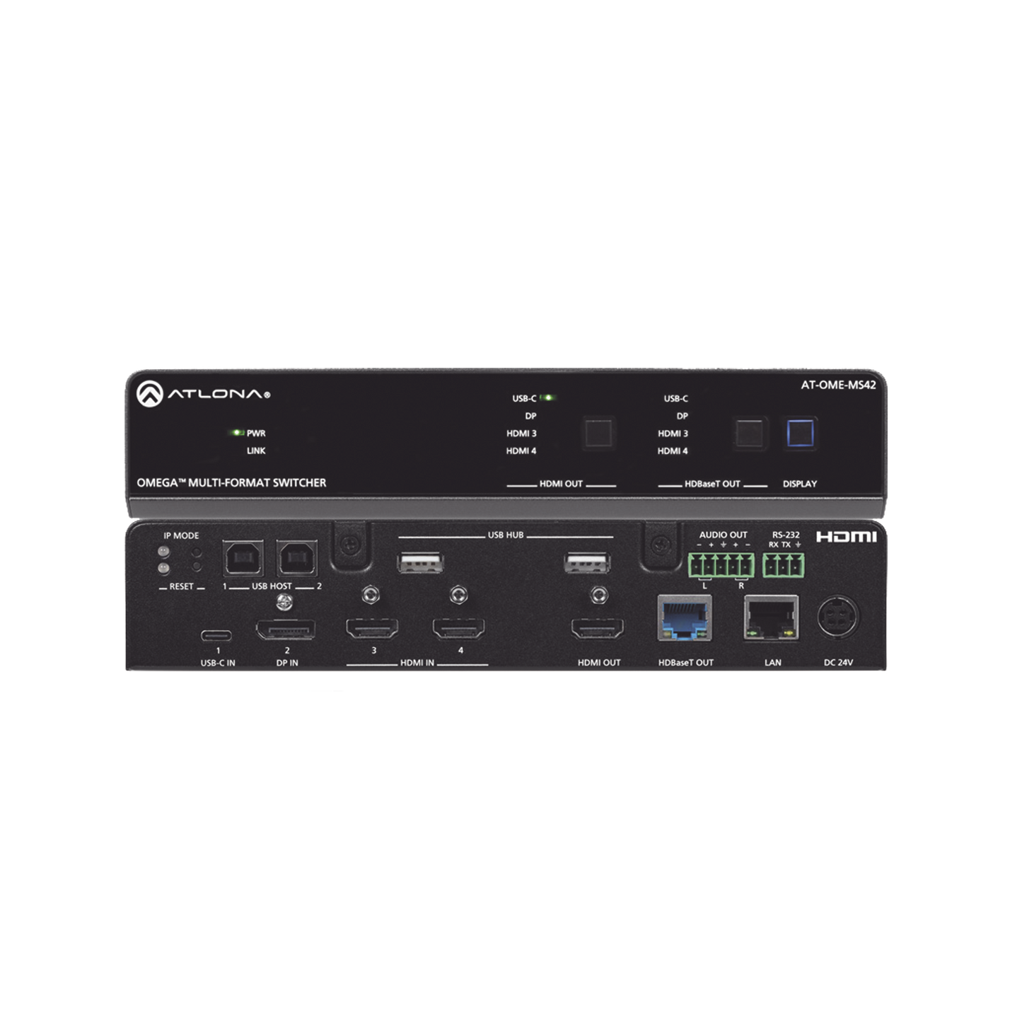 OMEGA Switch Matriz 4x2 de AV Multiformato con Entradas HDMI, USB-C y Display Port / Salidas HDMI y HDBaseT / para Videoconferencia y Presentaciones