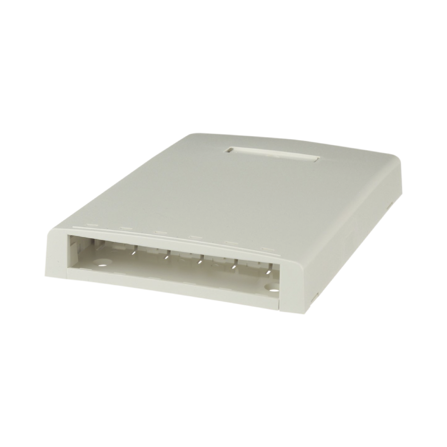 Caja de Montaje en Superficie, con Accesorio para Resguardo de Fibra Óptica, para 6 Módulos Mini-Com, Color Blanco Mate