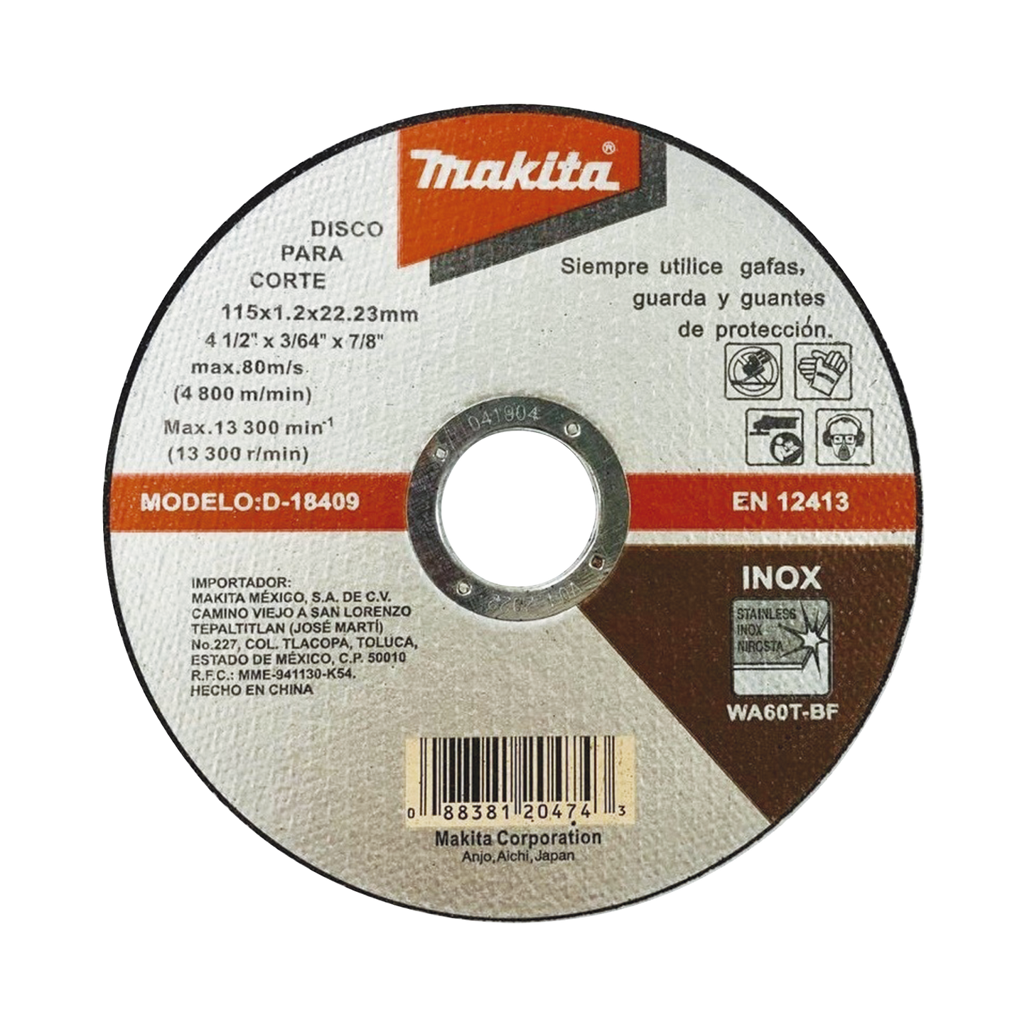 Disco de Corte de 7/8" de acero inoxidable, diámetro de 4-1/2"