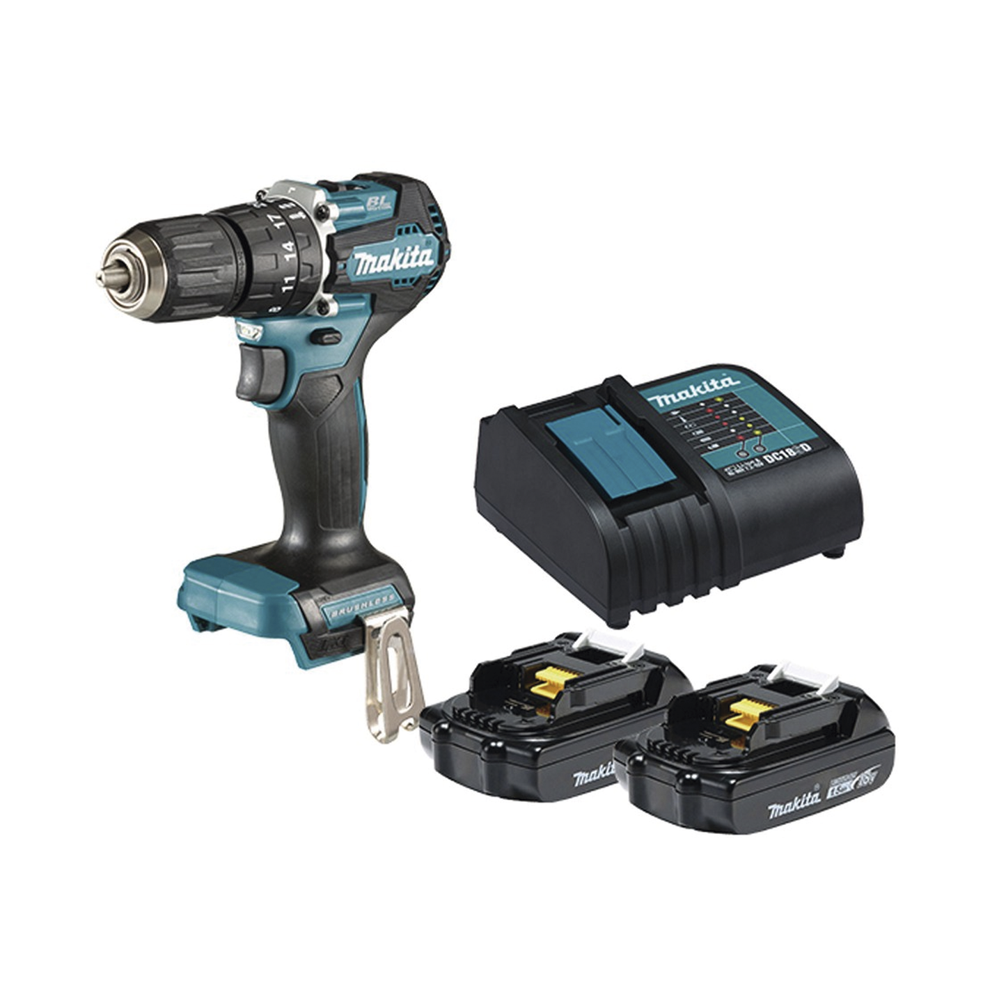 Rotomartillo/Taladro Inalámbrico SIN CARBONES, Broquero de 1/2", 1,700 RPM, 18V, Torque: 42 N.m C/2 Bat. (1.5Ah) y Cargador.