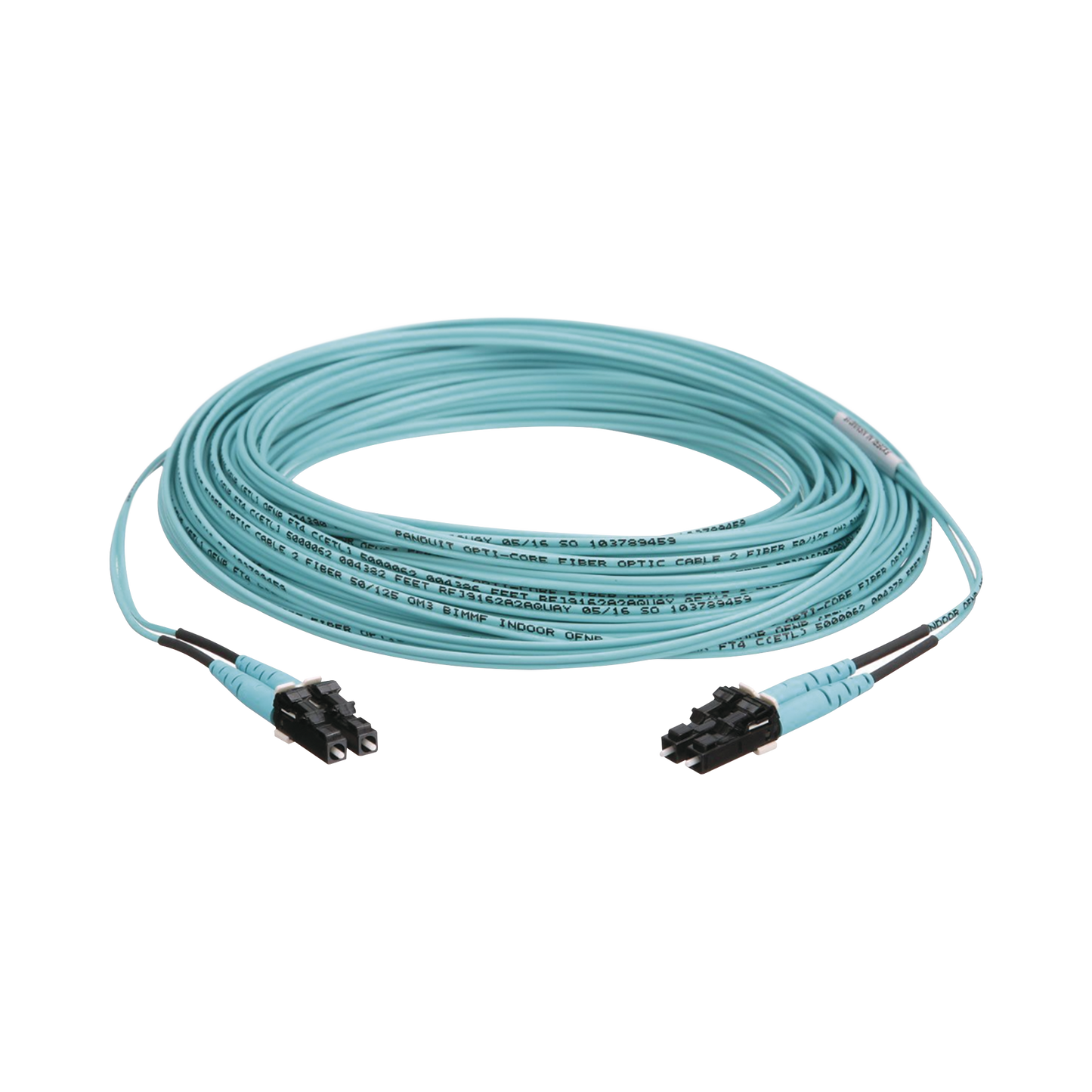 Jumper de Fibra Optica Multimodo 50/125 OM3, LC-LC Duplex, OFNR (Riser), Color Aqua, 15 Metros (49.21 Pies)
