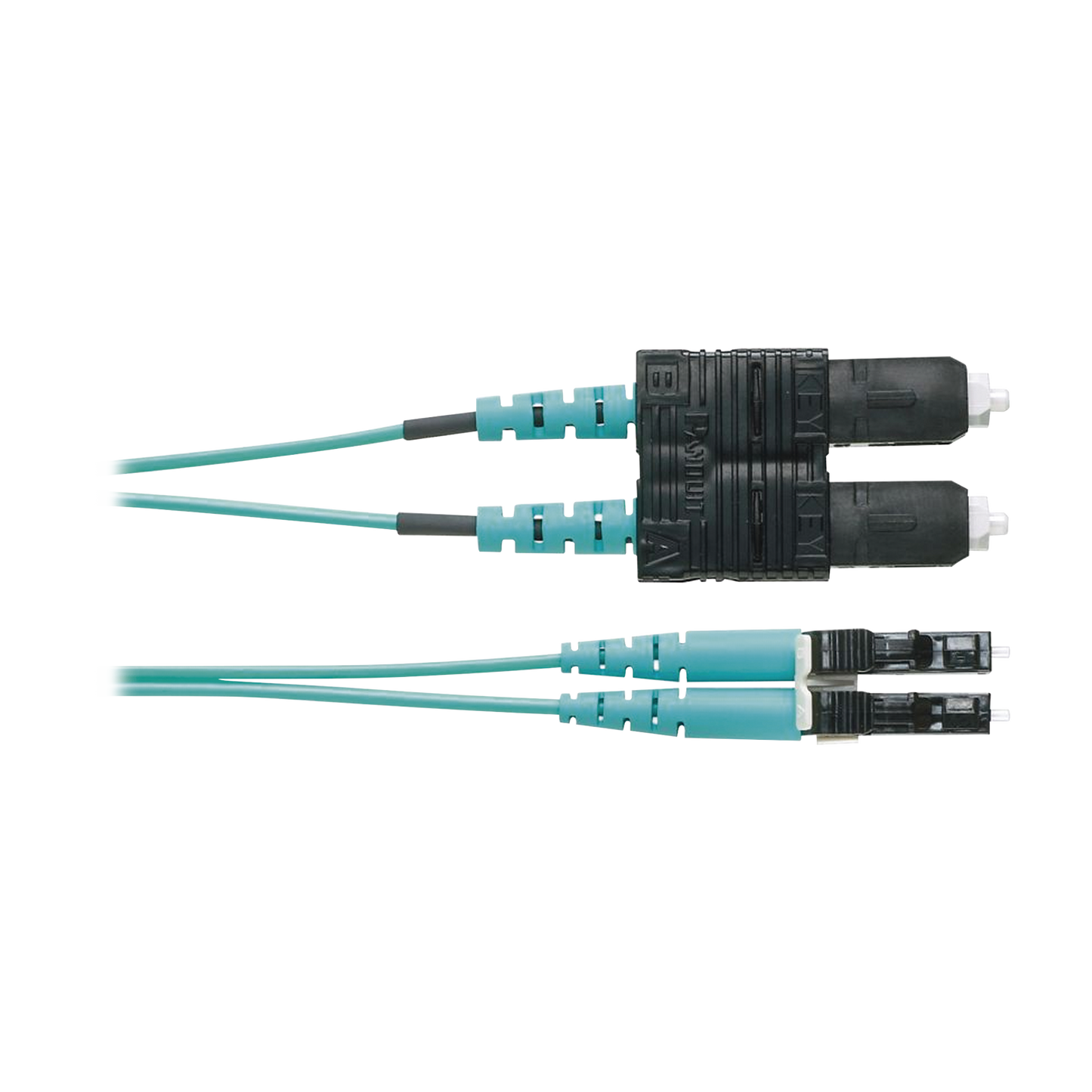 Jumper de Fibra Optica Multimodo 50/125 OM4, LC-SC Duplex, OFNR (Riser), Color Aqua, 3 Metros (9.84 Pies)