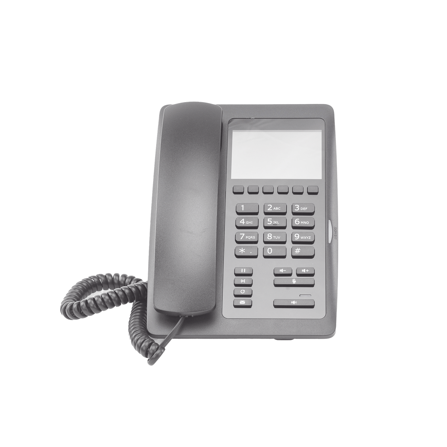 Teléfono IP Hotelero / Pantalla LCD Color 3.5" / 2 Líneas SIP / 6 Teclas Programables Hotline / Puerto USB Carga / PoE 802.3af / Personalizable con Logo Hotel