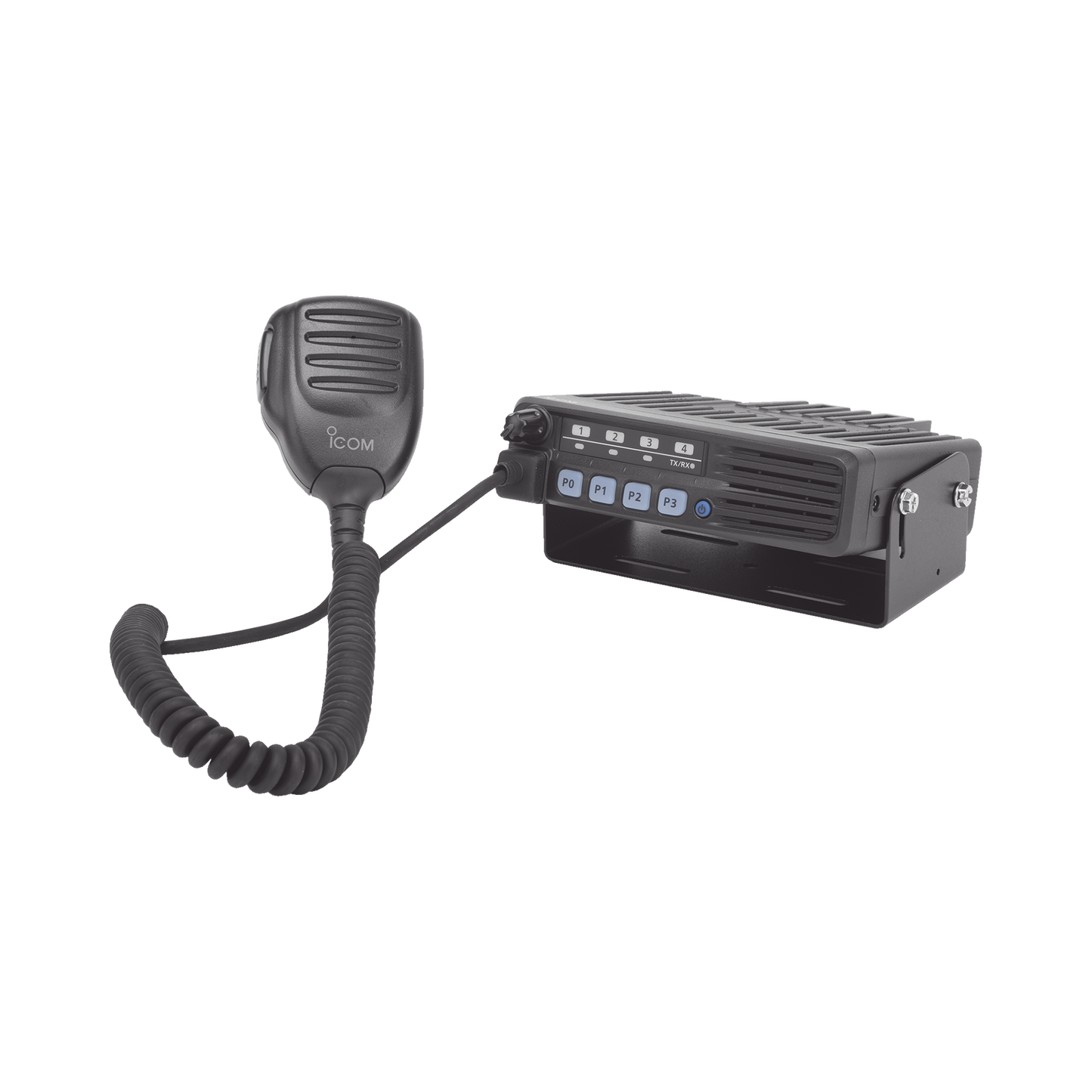 Radio Móvil Analógico en rango de frecuencia 400-470 MHz, 50 W de potencia de RF. Incluye micrófono, cable de corriente y bracket.