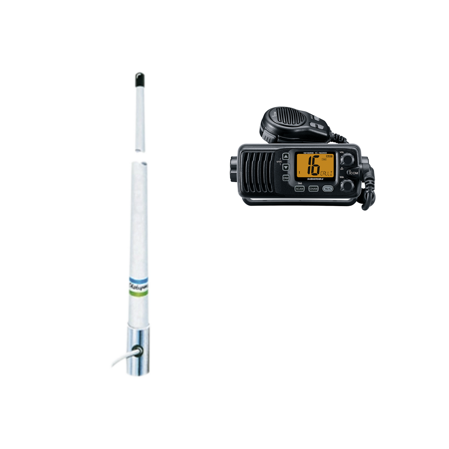 Kit de radio móvil VHF marino modelo IC-M200/13 y antena marina Shakespeare en fibra de vidrio 5101