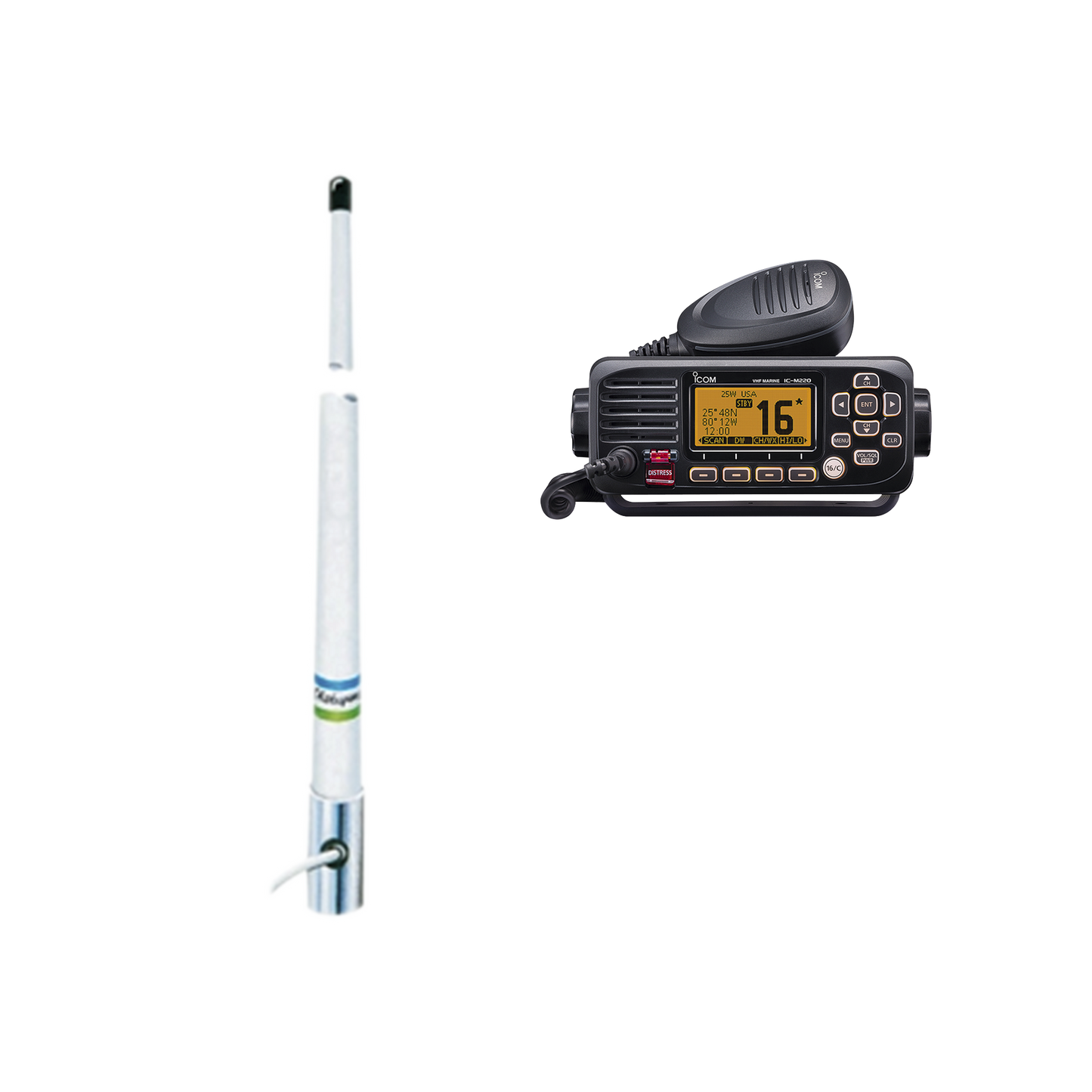 Kit de radio móvil VHF marino modelo IC-M220/13 y antena marina Shakespeare en fibra de vidrio 5101