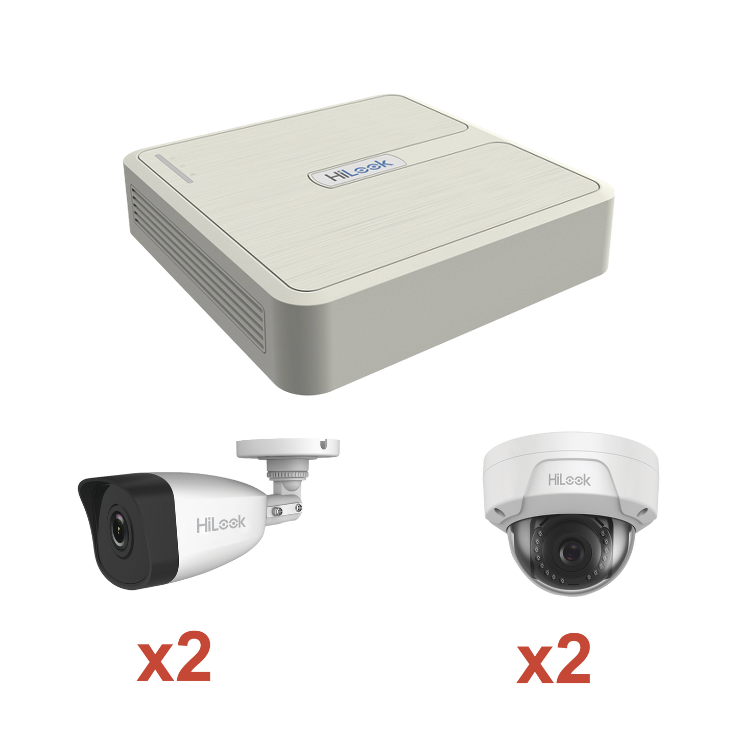 Kit IP 1080p (2 Megapixel) / NVR de 4 Canales con 4 Puertos PoE / 2 Cámaras IP Bala para Exterior con microfono y Dual light / 2 Cámaras IP Domo para Exterior
