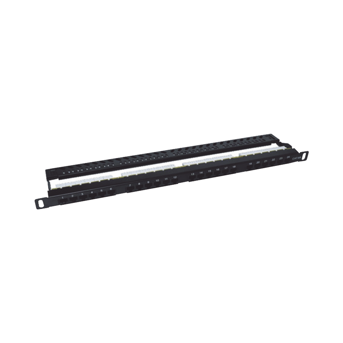 Panel de parcheo de impacto (110) sin blindaje de 24 puertos Cat6A con barra para organizar cable