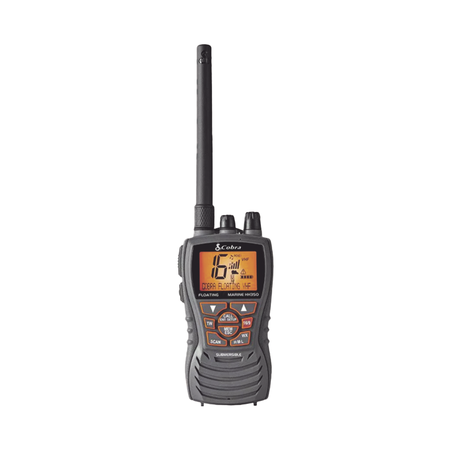 Radio portátil marino flotante y sumergible con función de eliminación de agua de la bocina mediante vibración, potencia de RF de 6 Watts.