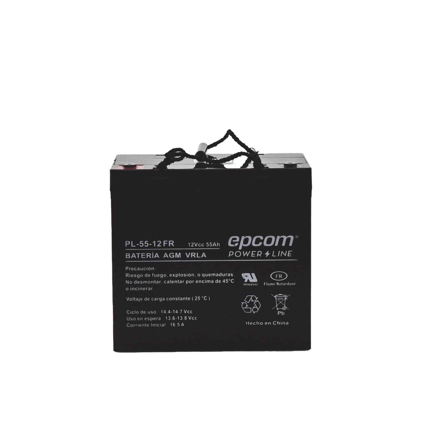 Batería 12 Vcc / 55 Ah / UL / AGM-VRLA / Retardante a la flama / Para uso Uso en: Aplicaciones fotovoltaicas / Terminales tipo M6 / Cargador recomendado CHR-250.