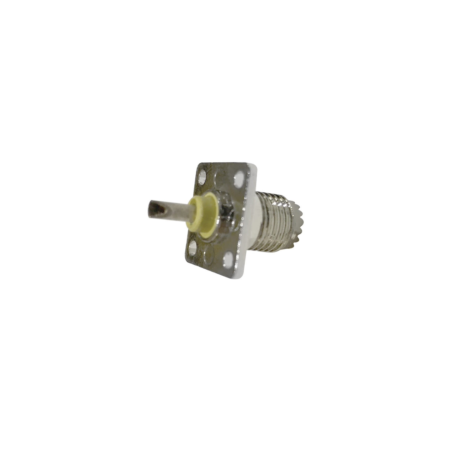 Conector Mini-UHF Hembra, de Montaje en 4 Perforaciones a 13 mm, Níquel/ Oro/ Baquelita.