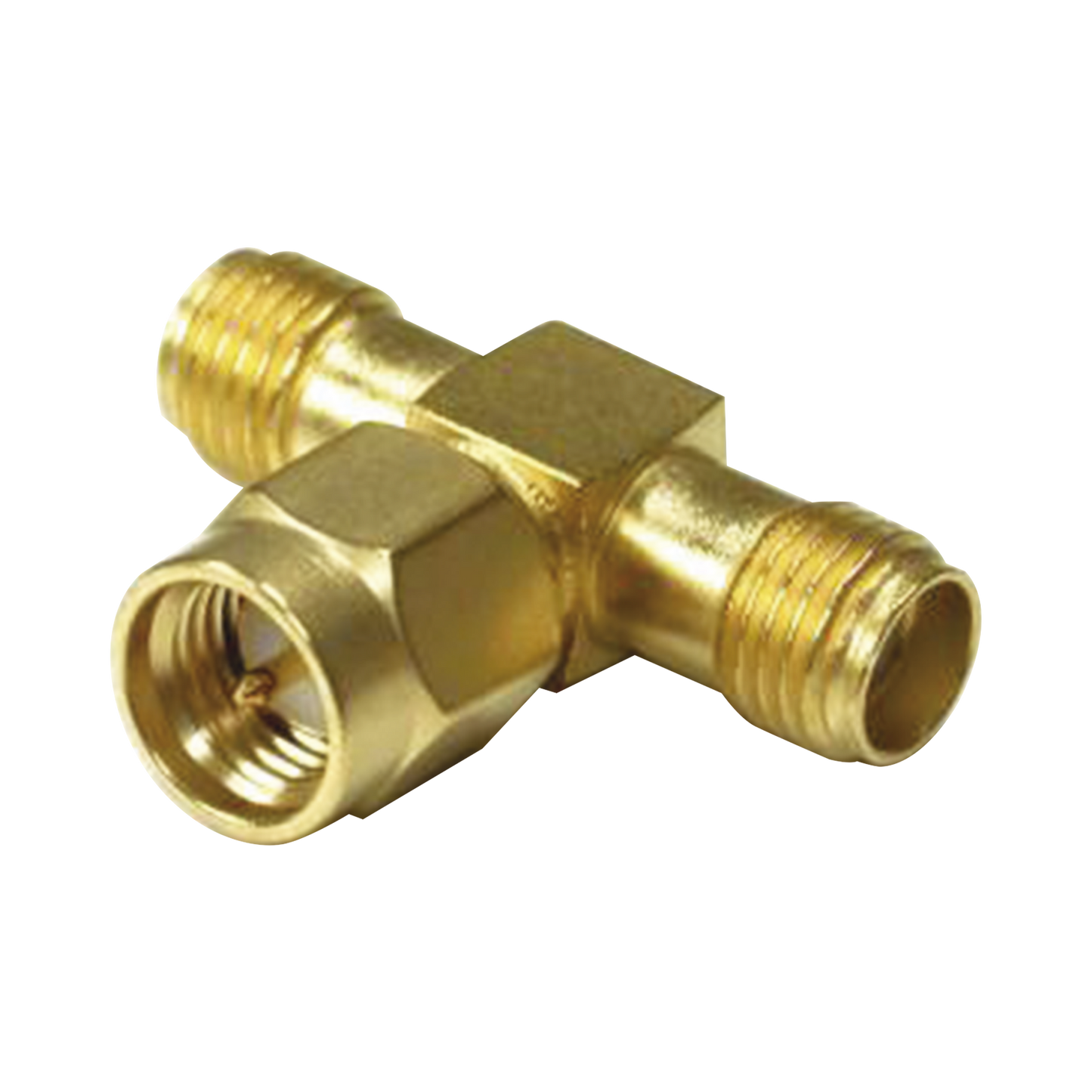 Adaptador en T, de Conector SMA Macho a Doble SMA Hembras, Oro/ Oro/ Teflón.