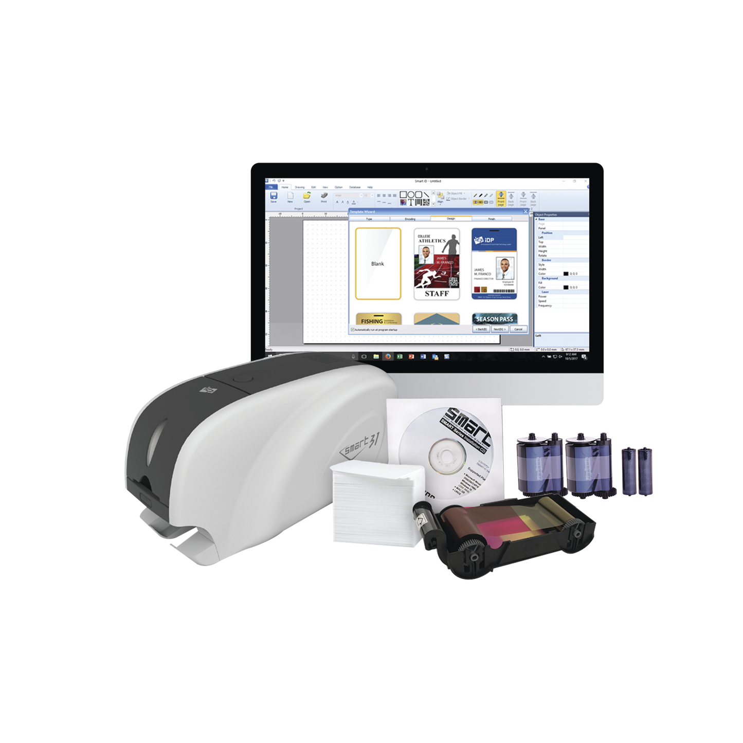 Kit Impresora de tarjetas PVC/ Una Cara /incluye: 2 x Ribbons, 100 Tarjetas PVC, Software, Kit Limpieza, Garantia 3 Años, Mascara de Seguridad UV