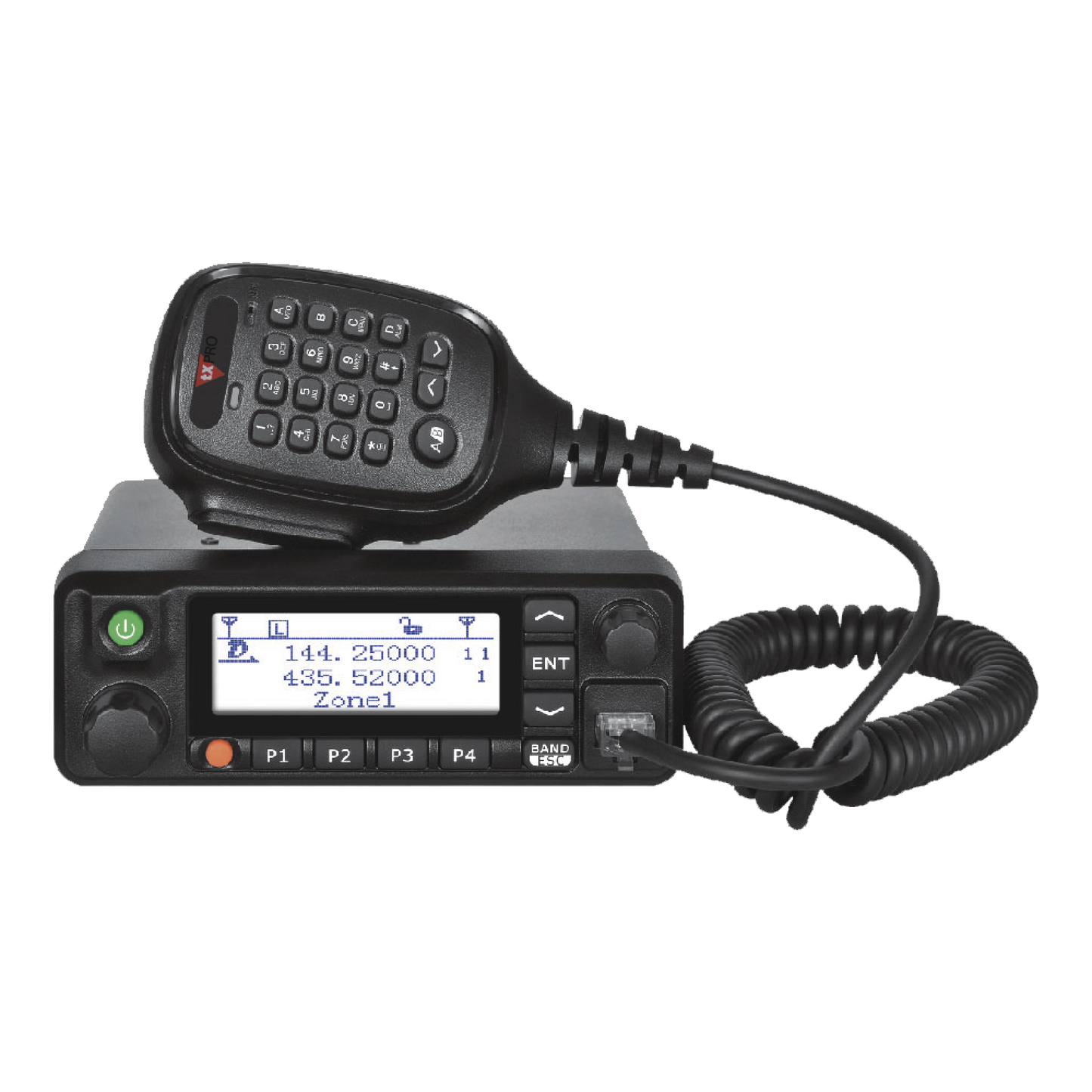 Radio Móvil Digital DMR Doble Banda 136-174 MHz en VHF y 400-480 MHz en UHF, incluye micrófono con DTMF y accesorios de instalación.