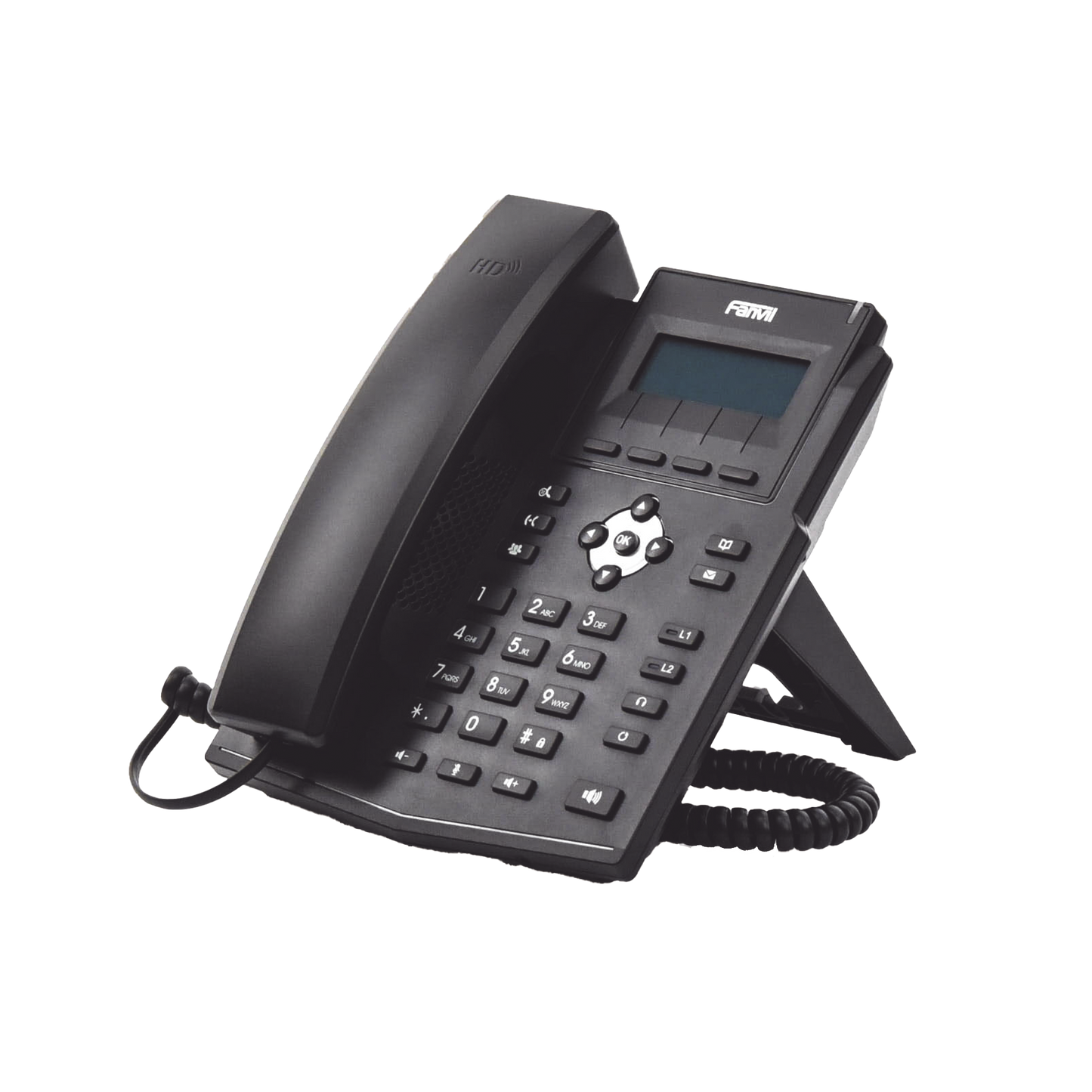 Teléfono IP empresarial para 2 lineas SIP con pantalla LCD, Puertos Gigabit, Códec Opus, conferencia de 3 vías, PoE.