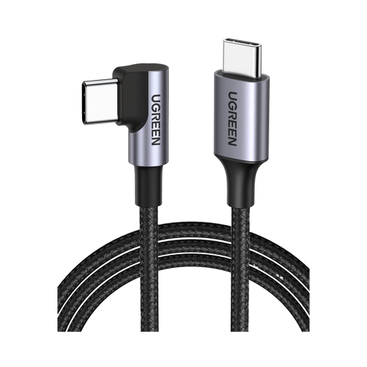 Cable USB-C a USB-C | 1 Metro (3.28 Pies) | Conector con Ángulo Recto de 90° | Carga Rápida de hasta 60W | 480 Mbps | PD3.0 | QC4.0/3.0/2.0 | FPC | AFC | Protección Integrada | Caja de Aluminio | Nylon Trenzado | Color Negro