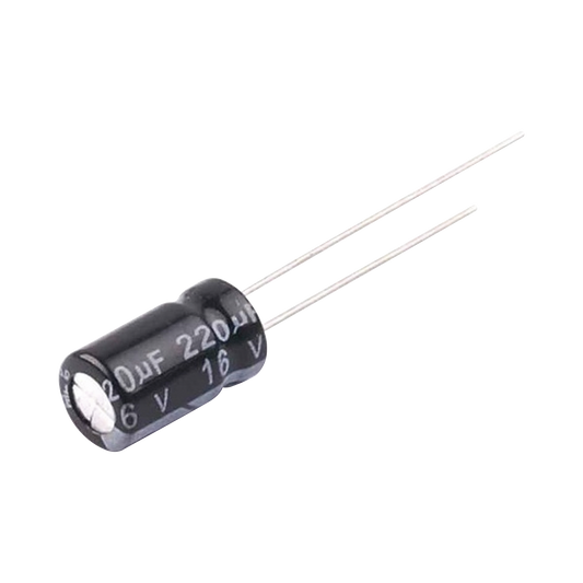 Capacitor Electrolítico en Aluminio, Radial de 220 µFd, 16 Vcc, 105 °C, 6.3 x 11 mm.