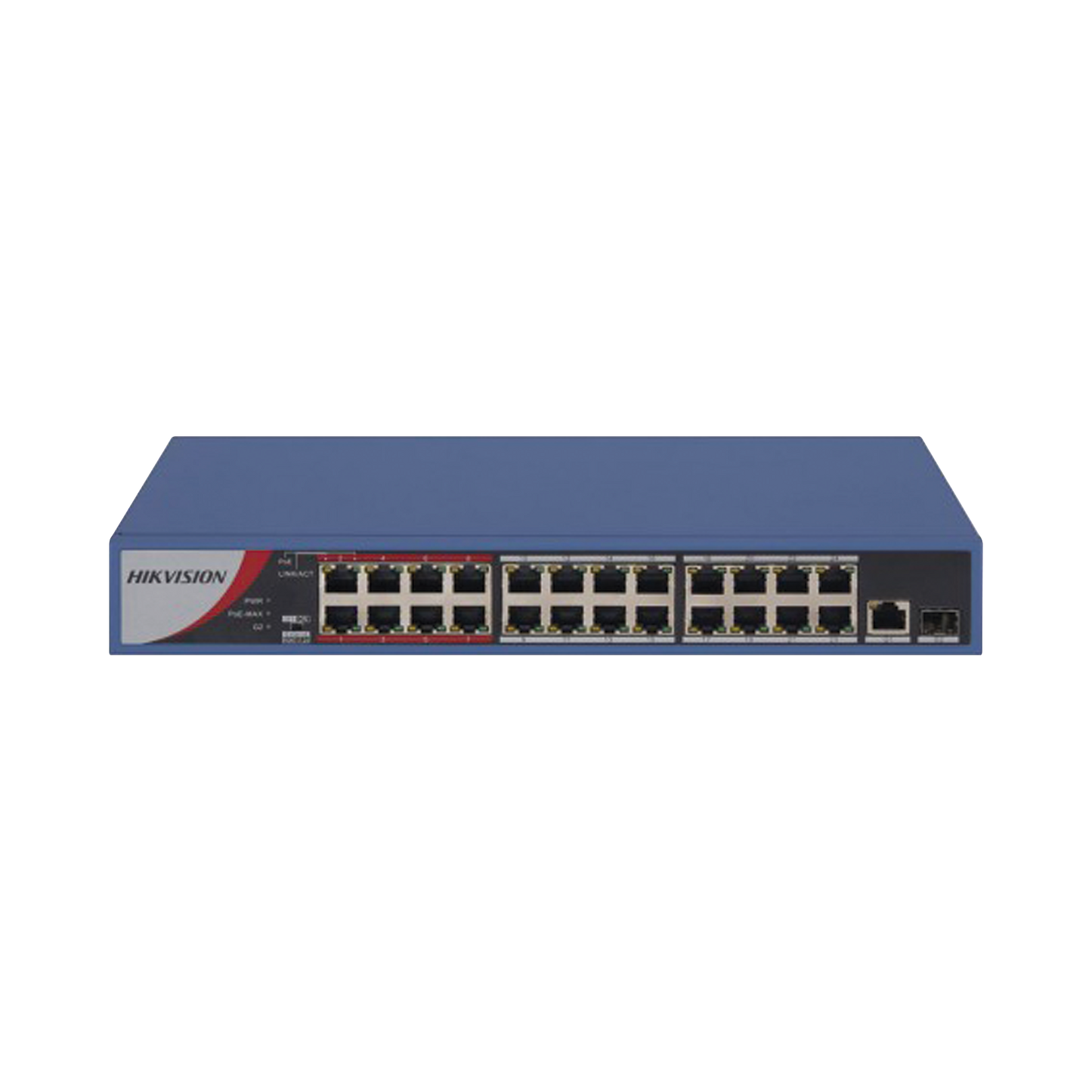 Switch PoE+ / No Administrable / 24 Puertos 10/100 Mbps PoE+ / 2 Puertos 1000 Mbps Uplink / 1 Puerto SFP Uplink / Modo Extendido hasta 300 Metros / 230 W