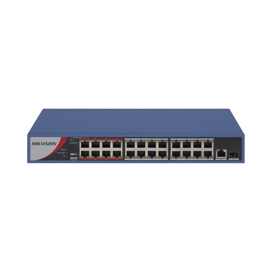 Switch PoE+ / No Administrable / 24 Puertos 10/100 Mbps PoE+ / 2 Puertos 1000 Mbps Uplink / 1 Puerto SFP Uplink / Modo Extendido hasta 300 Metros / 230 W