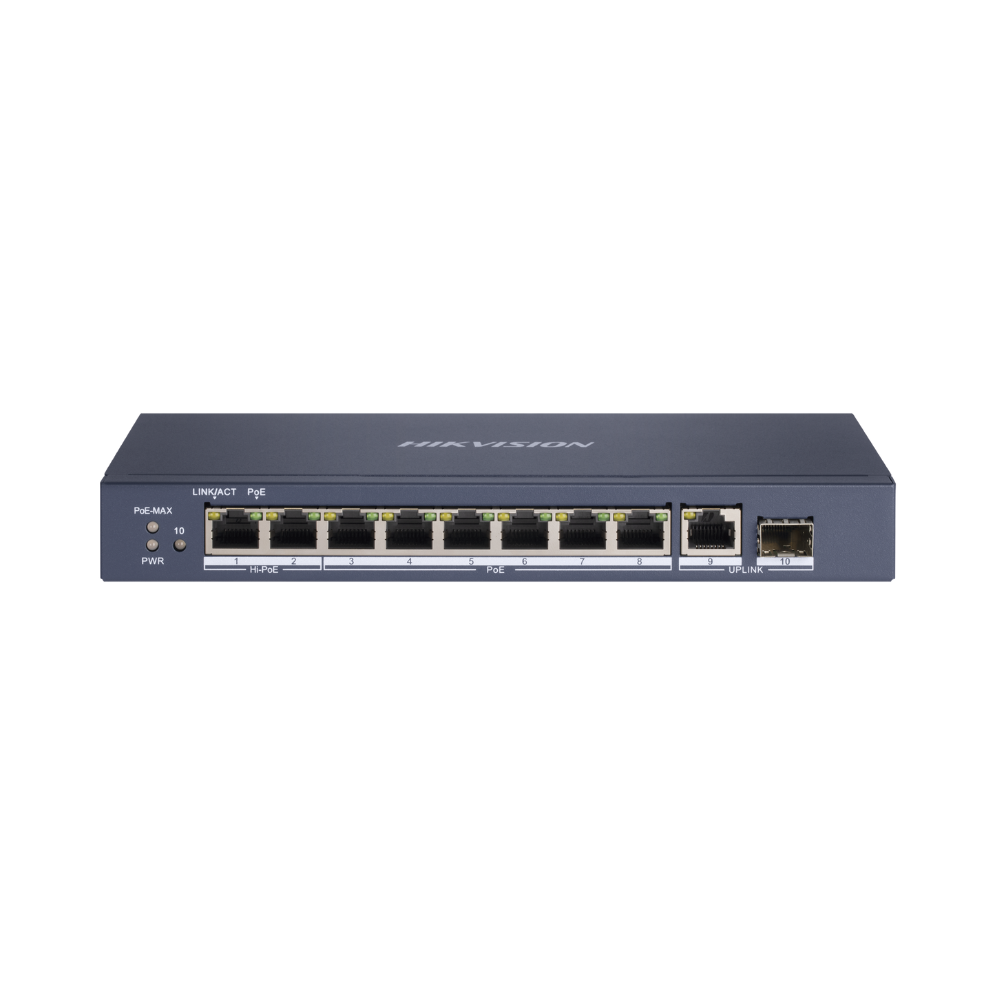 Switch PoE+ / No Administrable / 7 Puertos 1000 Mbps 802.3 af/at (30 W) / 2 Puertos 1000 Mbps Hi-PoE (90 W) / 1 Puertos 1000 Mbps Uplink / 1 Puerto SFP / Modo Extendido hasta 300 Metros / 110 Watts