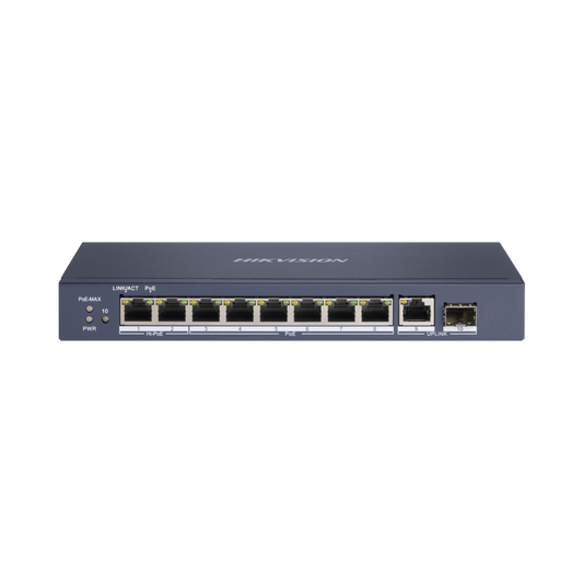 Switch PoE+ / No Administrable / 7 Puertos 1000 Mbps 802.3 af/at (30 W) / 2 Puertos 1000 Mbps Hi-PoE (90 W) / 1 Puertos 1000 Mbps Uplink / 1 Puerto SFP / Modo Extendido hasta 300 Metros / 110 Watts