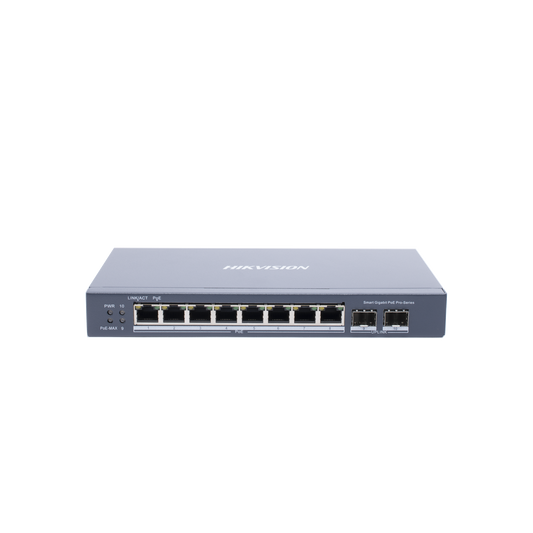Switch Gigabit PoE+ / Administrable / 8 Puertos Gigabit PoE+ / 2 Puertos SFP / Configuración Nube Hik-Partner Pro / Modo Extendido hasta 300 Metros / 110 W