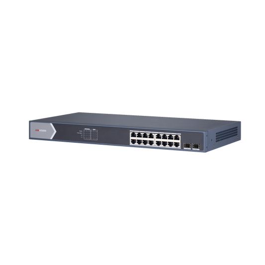 Switch Gigabit PoE+ / Administrable / 16 Puertos 1000 Mbps PoE+ / 2 Puertos SFP / Configuración Nube desde Hik-ParnerPro / PoE hasta 300 Metros / 225 Watts
