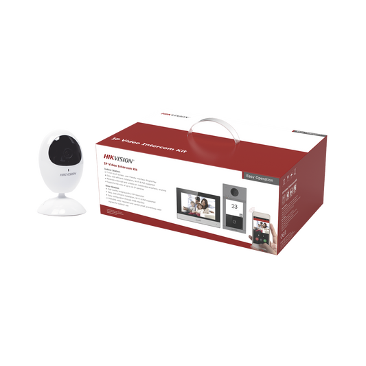 Kit de Videoportero IP PoE Estandar con llamada a App de Smartphone (Hik-Connect) / Apertura con tarjeta MIFARE / Frente de calle IK08 & IP65 / Soporta 2 puertas + 1 Cámara WiFi / DS-2CV2U21FD-IW