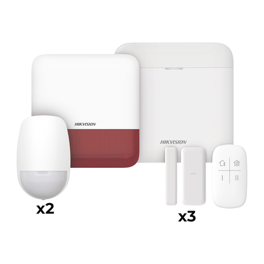(AX PRO) KIT de Alarma AX PRO / Incluye: 1 Hub con batería de respaldo / 2 Sensores PIR / 3 Contactos Magnéticos mini / 1 Control Remoto / 1 Sirena Inalambrica Exterior color rojo  / WiFi / Compatible con Hik-Connect P2P