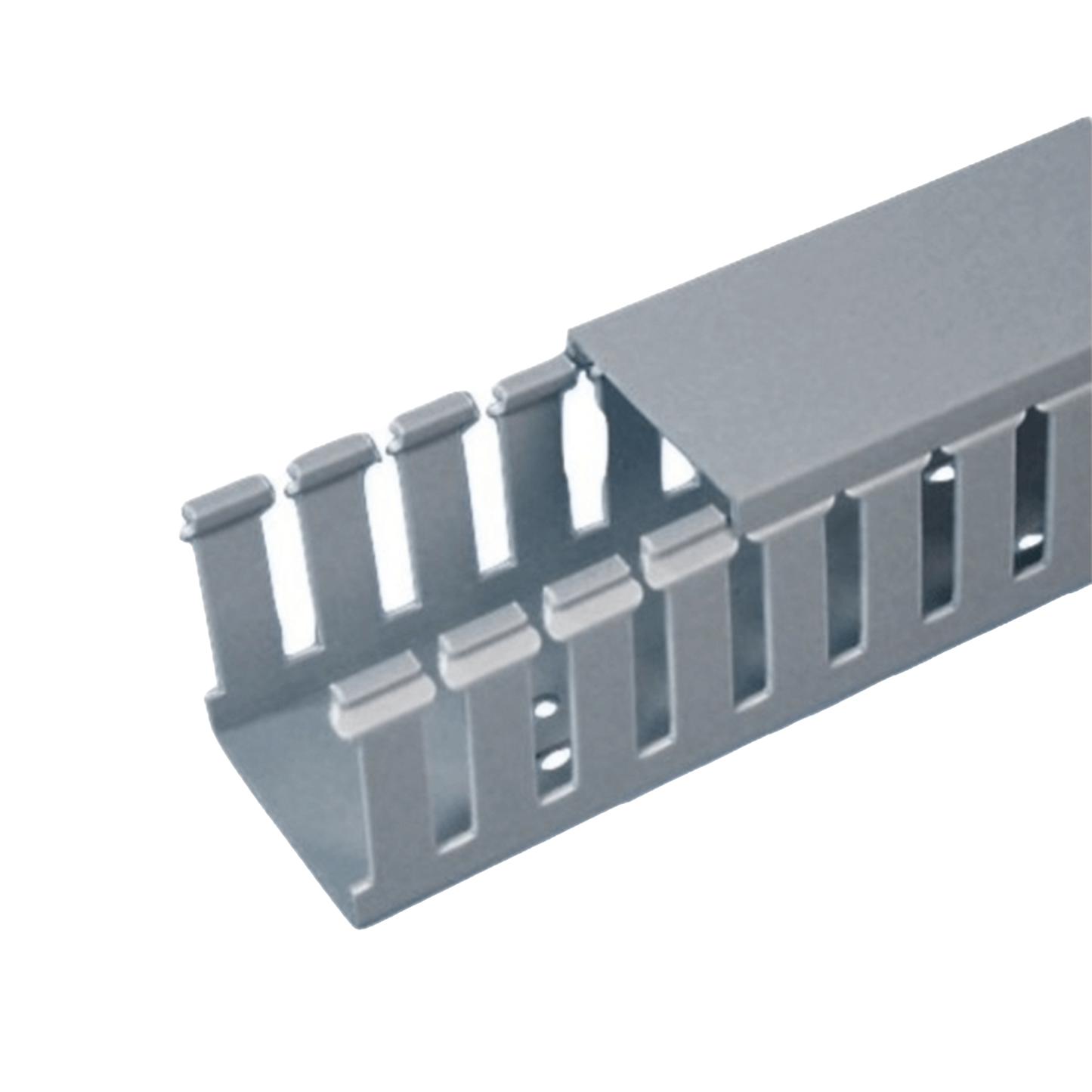 Canaleta Ranurada de PVC con Tapa, Tipo F, 57.2 mm de Ancho, 104.1 mm de Alto y 2 m de Largo, Color Gris