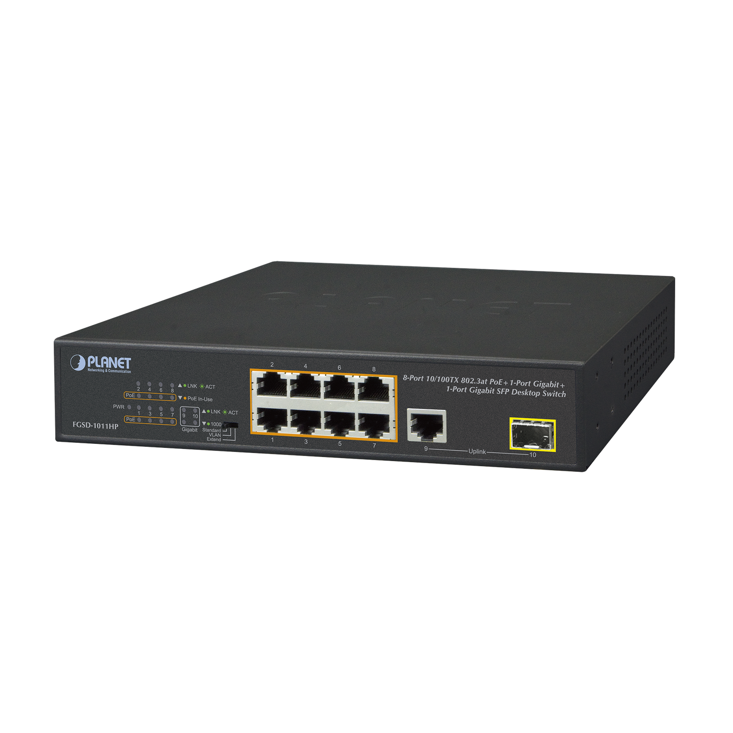 Switch no Administrable 8 puertos 10/100 PoE 802.3af/at 135W, 1 puerto Uplink 10/100/1000 y 1 SFP 100/1000 para escritorio