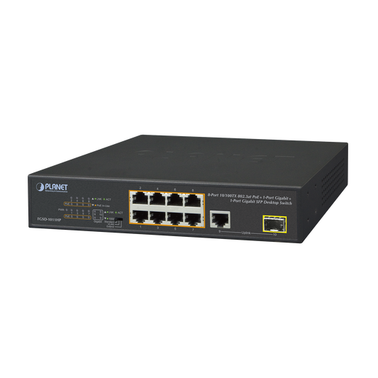 Switch no Administrable 8 puertos 10/100 PoE 802.3af/at 135W, 1 puerto Uplink 10/100/1000 y 1 SFP 100/1000 para escritorio