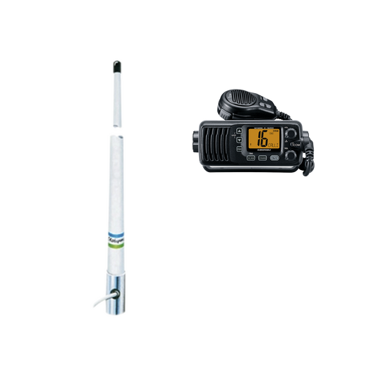 Kit de radio móvil VHF marino modelo IC-M200/13 y antena marina Shakespeare en fibra de vidrio 5101