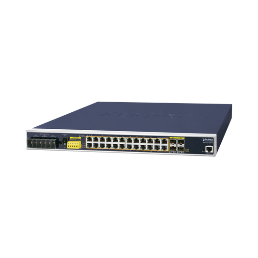 Switch PoE Industrial Capa 3, Con 24 Puertos PoE Gigabit  802.3af/at, 4 Puertos SFP Compartidos 100 / 1000X, Soporta temperaturas extremas de -40 ~ 75°C