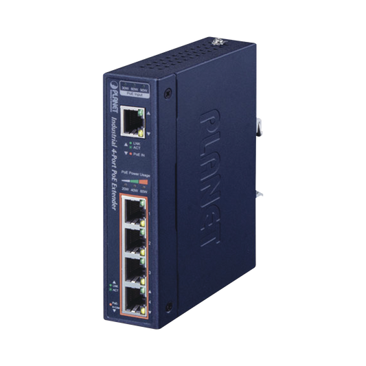 Extensor Industrial PoE, Entrada PoE 802.3 bt  y 4 Puertos de Salida Gigabit 802.3 af/at