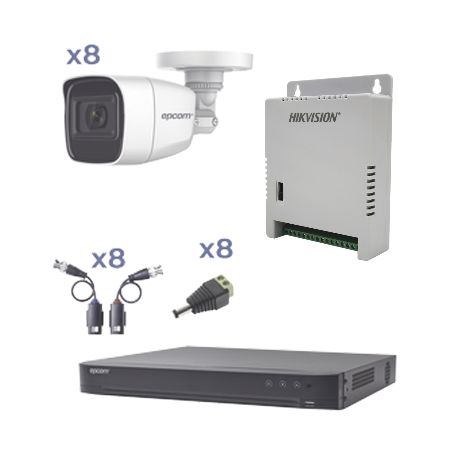 KIT TurboHD con Audio 1080p / DVR 8 Canales / 8 Cámaras Bala (exterior 2.8 mm) / Transceptores / Conectores / Fuente de Poder / AUDIO POR COAXITRON