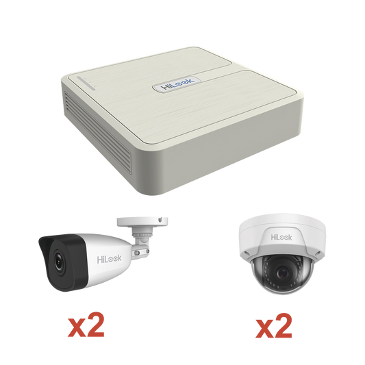 Kit IP 1080p (2 Megapixel) / NVR de 4 Canales con 4 Puertos PoE / 2 Cámaras IP Bala para Exterior con microfono y Dual light / 2 Cámaras IP Domo para Exterior