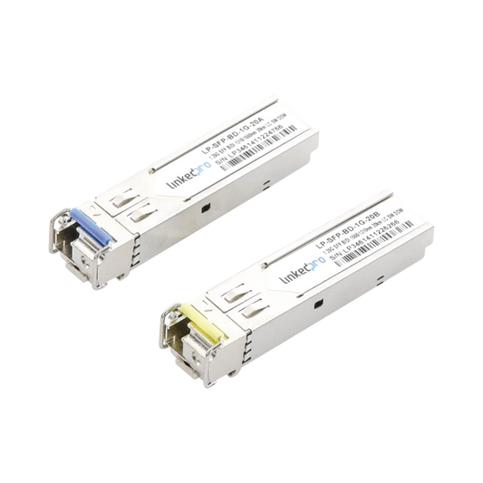 Transceptores Ópticos Bidireccionales SFP (Mini-Gbic) / Monomodo 1310 & 1550 nm / 1.25 Gbps / 1000BASE-BX / Conector LC/UPC Simplex / DDM / Hasta 20 km / 2 Piezas