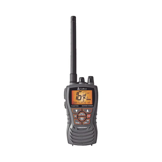 Radio portátil marino flotante y sumergible con función de eliminación de agua de la bocina mediante vibración,  potencia de RF de 6 Watts.