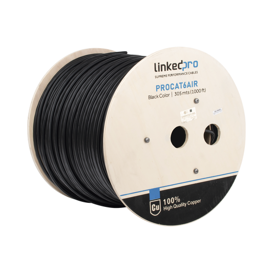 Bobina de Cable FTP con Mensajero de Acero de 305 Metros (1000 Pies) Cat6+ Calibre 23, Color Negro, para Aplicaciones en Video Vigilancia y Redes de Datos / Uso en Intemperie y Aplicaciones Aéreas