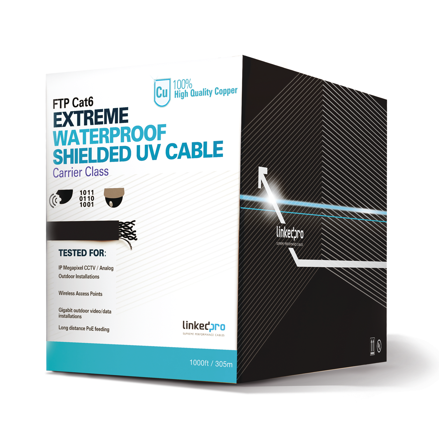 Bobina de Cable 305 Metros (1000 Pies) Cat6+ Calibre 23, Climas Extremos, Color Negro, Sin Blindar, para Intemperie.