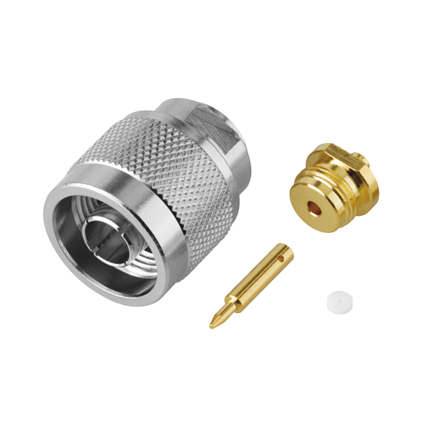 Conector N Macho, Soldable Directo en Cable Semi-Rígido de 0.085", Cables el Grupo SR1, Níquel/ Oro/ Teflón.â??