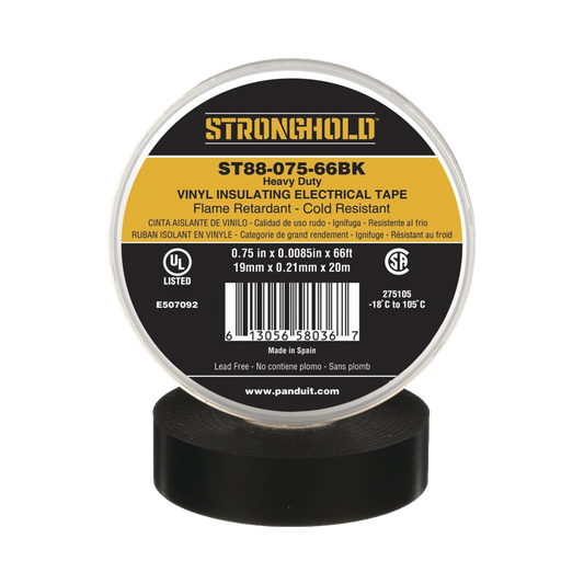 Cinta Eléctrica STRONGHOLD para Aislar, de PVC, Trabajo Pesado Eléctrico Industrial (Soporta abrasión, UV, agua, aceite y corrosión), Grosor de 0.21 mm (8.5 mil), Ancho de 19 mm, y 20 m de Largo, Uso Interior/Exterior, Color Ne