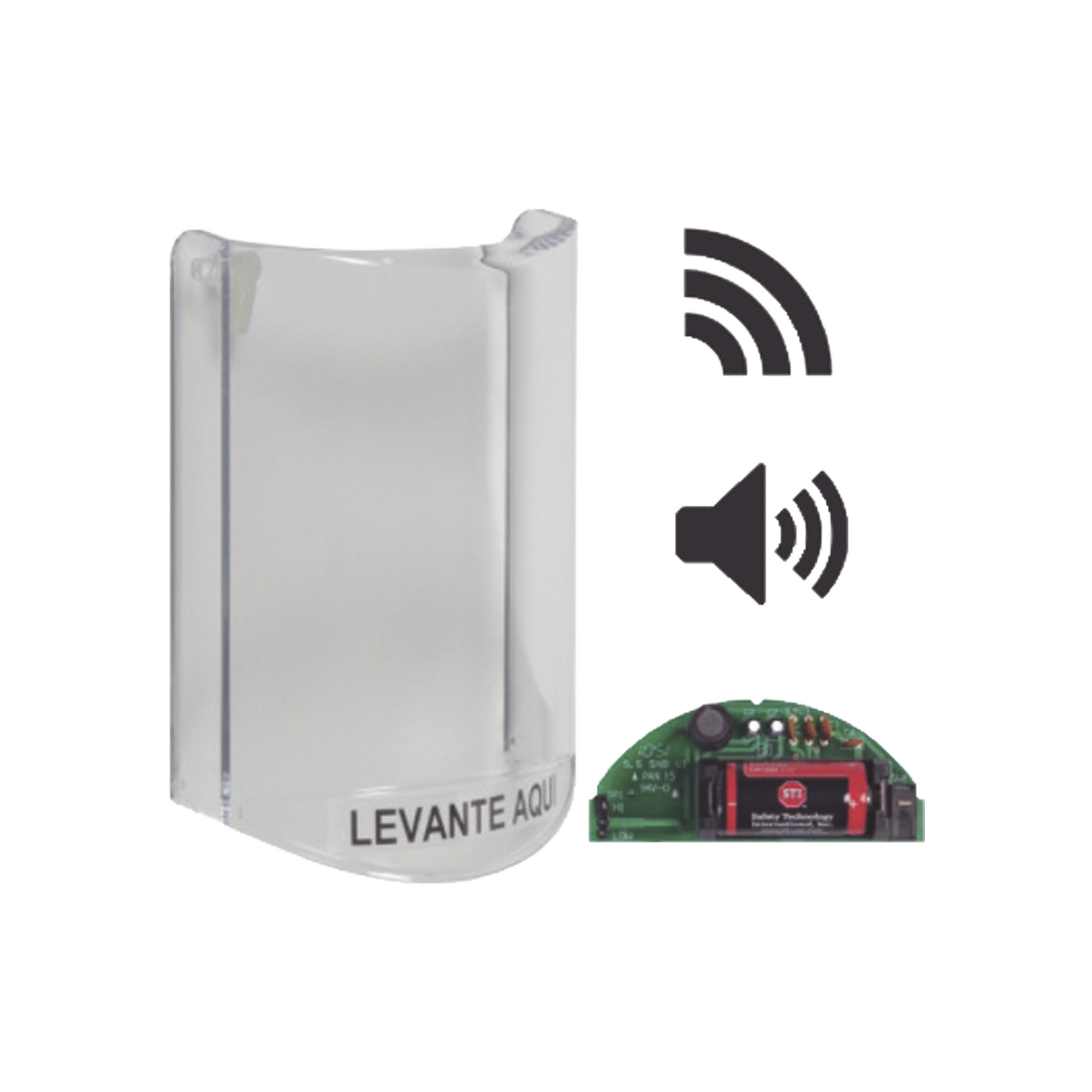 Cubierta Protectora De Policarbonato, Súper Resistente, Con Sonido, Con Transmisor Inalámbrico Para STI-V34104, Texto En Español, Para Botones Multiusos Serie Stopper® Station De STI