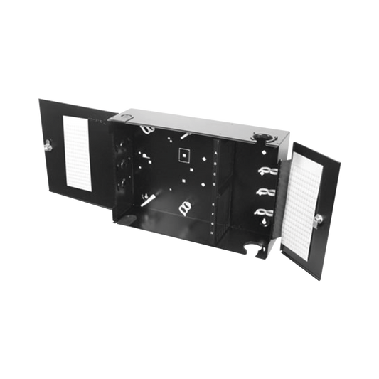 Caja de Conexión de Fibra Óptica, para Montaje en Pared, hasta 192 Puertos LC o SC (Acepta 8 Placas Acopladoras), Color Negro