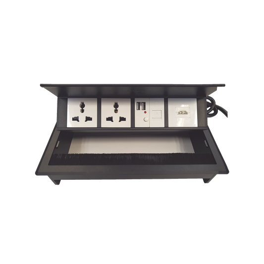 Caja Horizontal Tipo Hub para Escritorio Color Negro, con 1 Puerto HDMI Hembra-Hembra, 1 Puerto RJ45 Cat6, 2 Puertos USB (Solo Carga), y 2 Contactos Eléctricos Universales