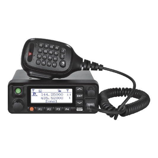 Radio Móvil Digital DMR Doble Banda 136-174 MHz en VHF y 400-480 MHz en UHF,  incluye micrófono con DTMF y accesorios de instalación.