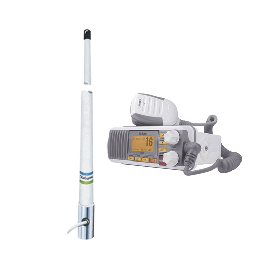 Kit de radio móvil VHF marino modelo UM-385 color blanco y antena marina Shakespeare de fibra de vidrio 5101