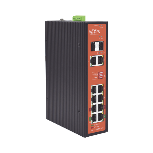 Switch PoE Industrial No administrable / Puertos 1-2 PoE 802.3 af/at y PoE 24 Vcc Pasivo 30W / Puertos 3-4 PoE 802.3 af/at/bt Hasta 60W / Puertos 5-8 PoE 802.3 af/at Hasta 30W / Los 8 puertos son Gigabit + 2 SFP combo / Presupuesto 300W